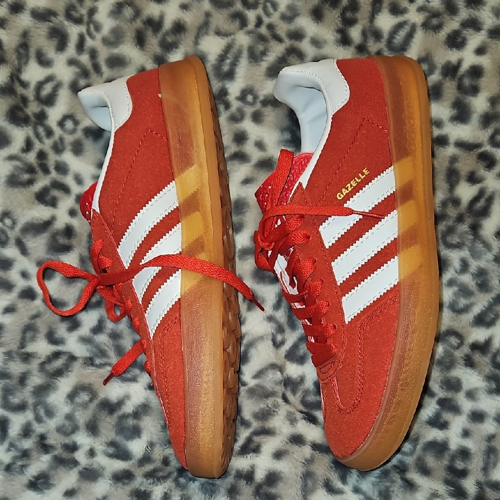 adidas Red Suede Gazelle Sneakers with White Stripes and Gum Sole - Picture 3 of 5